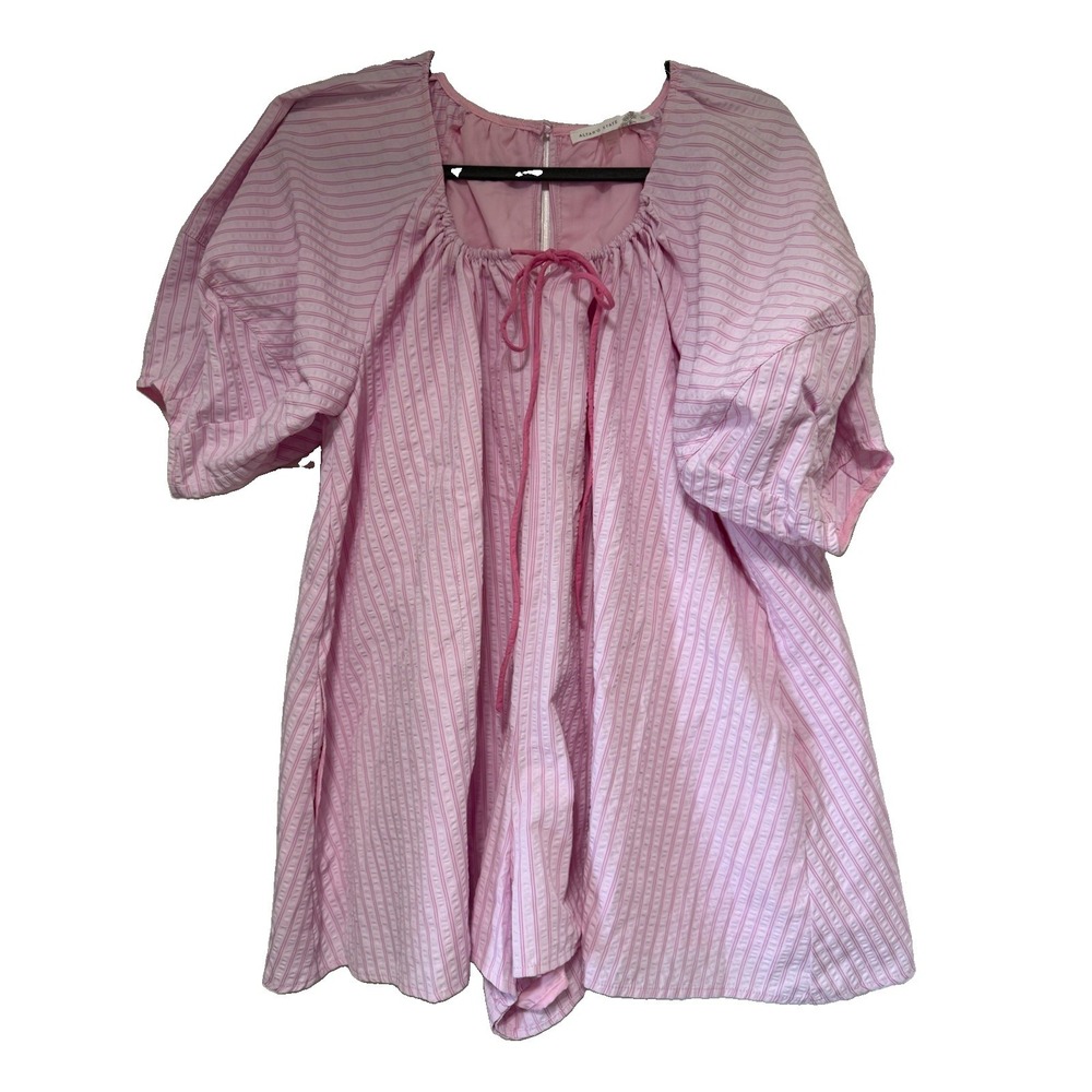 Altar'd State Pink Gingham Eyelet Babydoll Romper Puff Sleeve Open Tie Back L